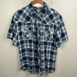 Buckle BKE Shirt Mens Size XXL Blue Plaid Relaxed Fit Short Sleeve Pearl Snap